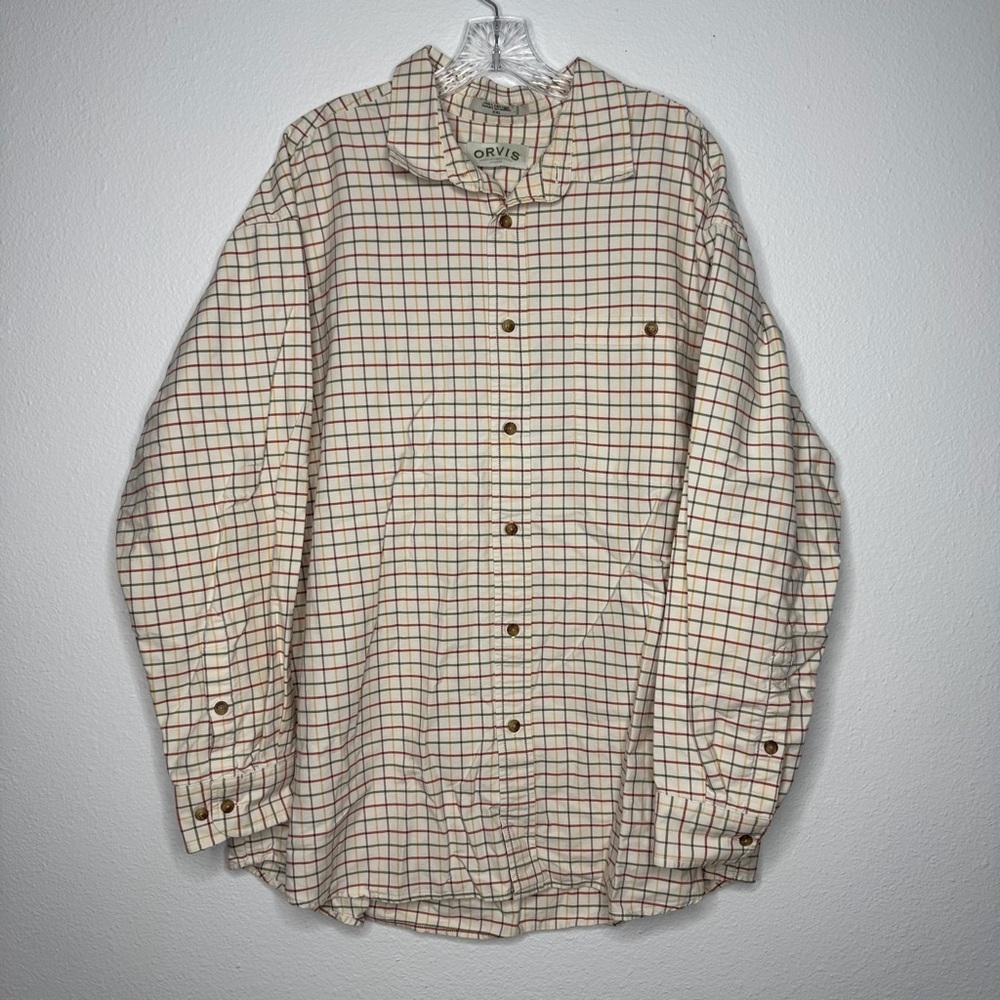 Orvis Tan Blue Green Red Plaid Long Sleeve Shirt Men’s XXL Button Up SMALL STAIN